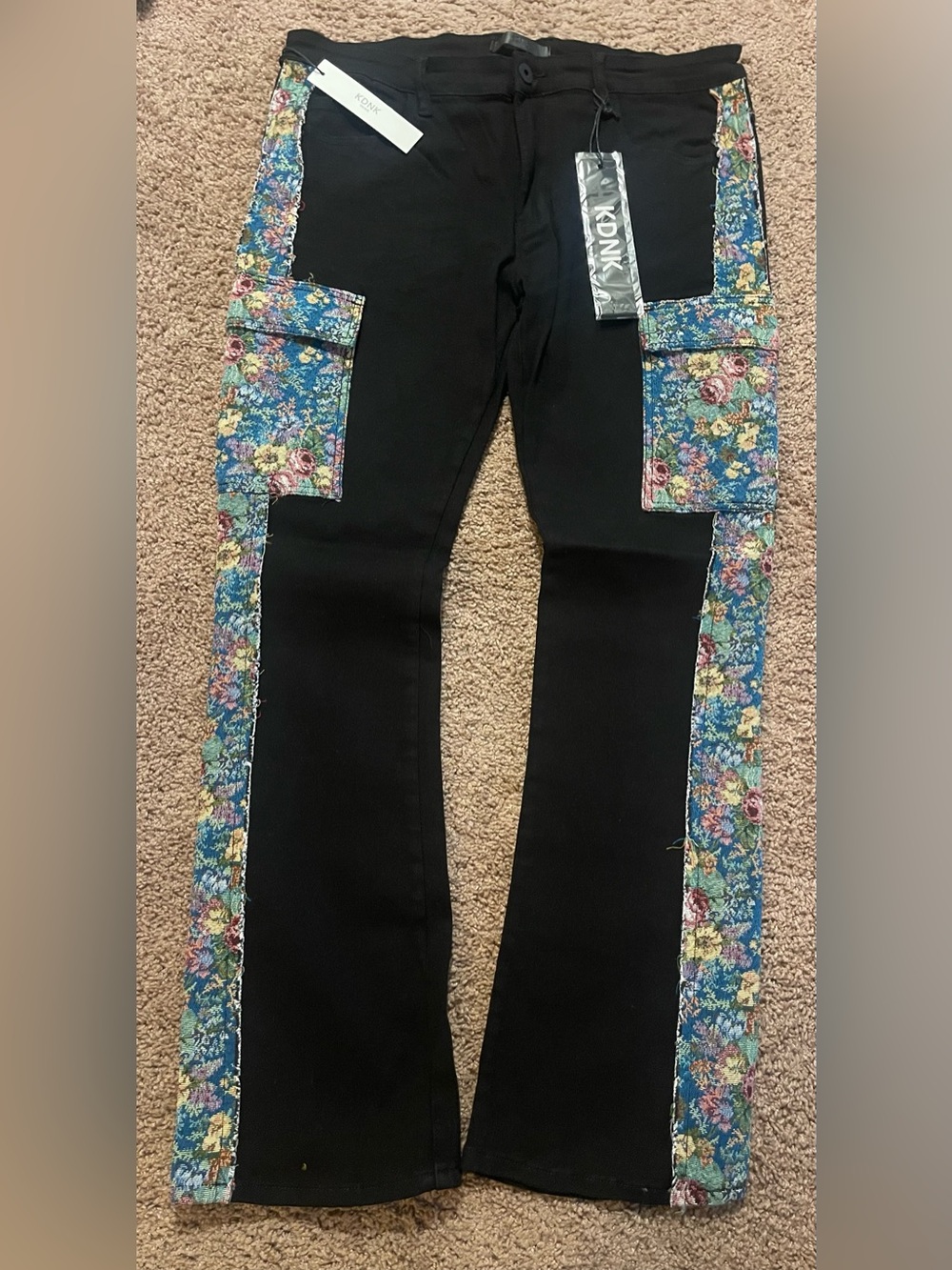 KDNK Black Jeans with Blue Floral Side Panels Size 38
